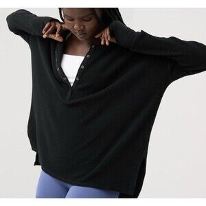 Aerie OFFLINE Black Wow! Waffle Henley T-Shirt Cotton Blend Women’s Small EUC
